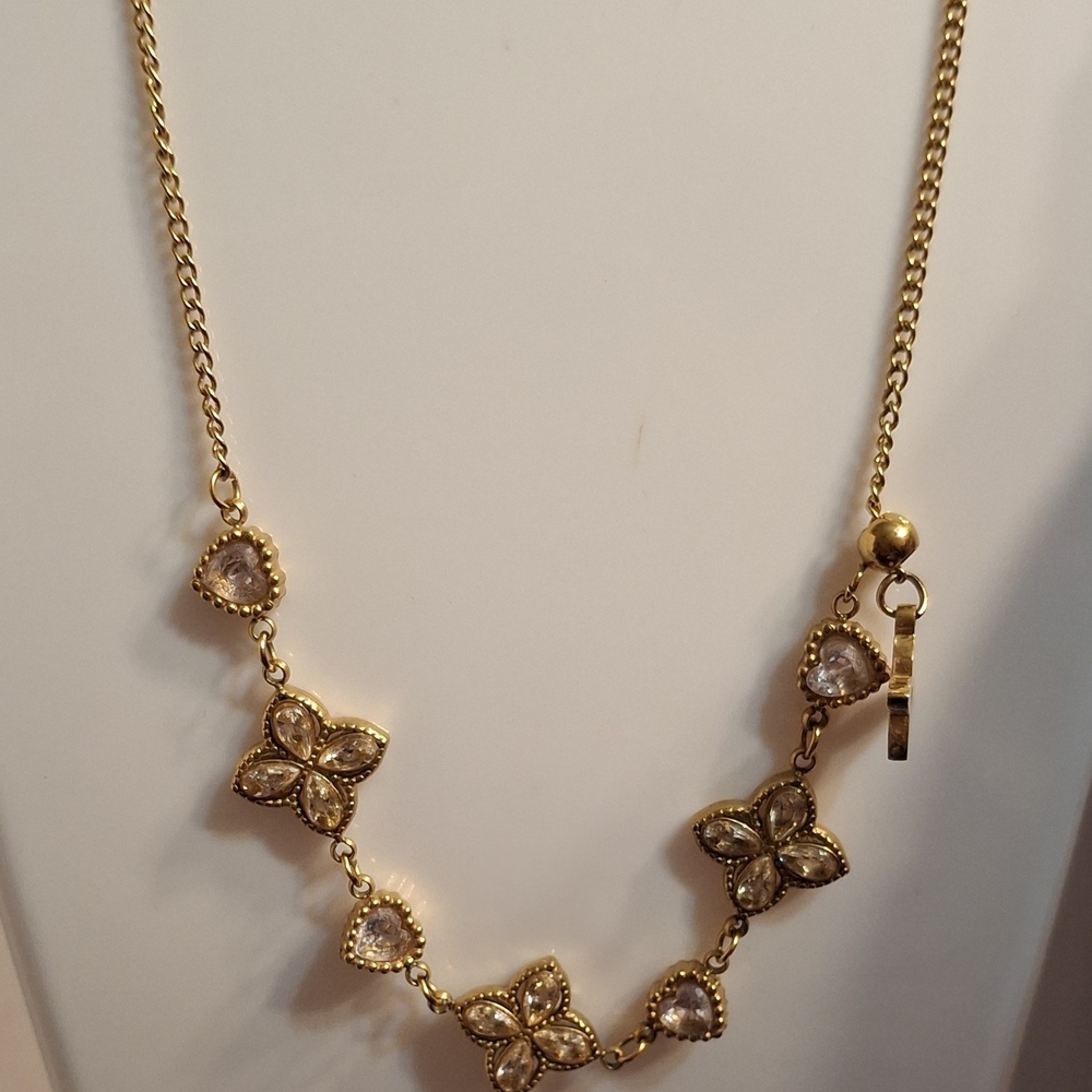 Gold Clover W/ CZ's Floral Necklace 16" + Extender